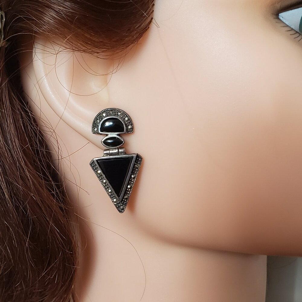 1980-S VINTAGE 925 SILVER ART DECO STYLE EAR RINGS WITH ONYX AND MARCASITE STONE